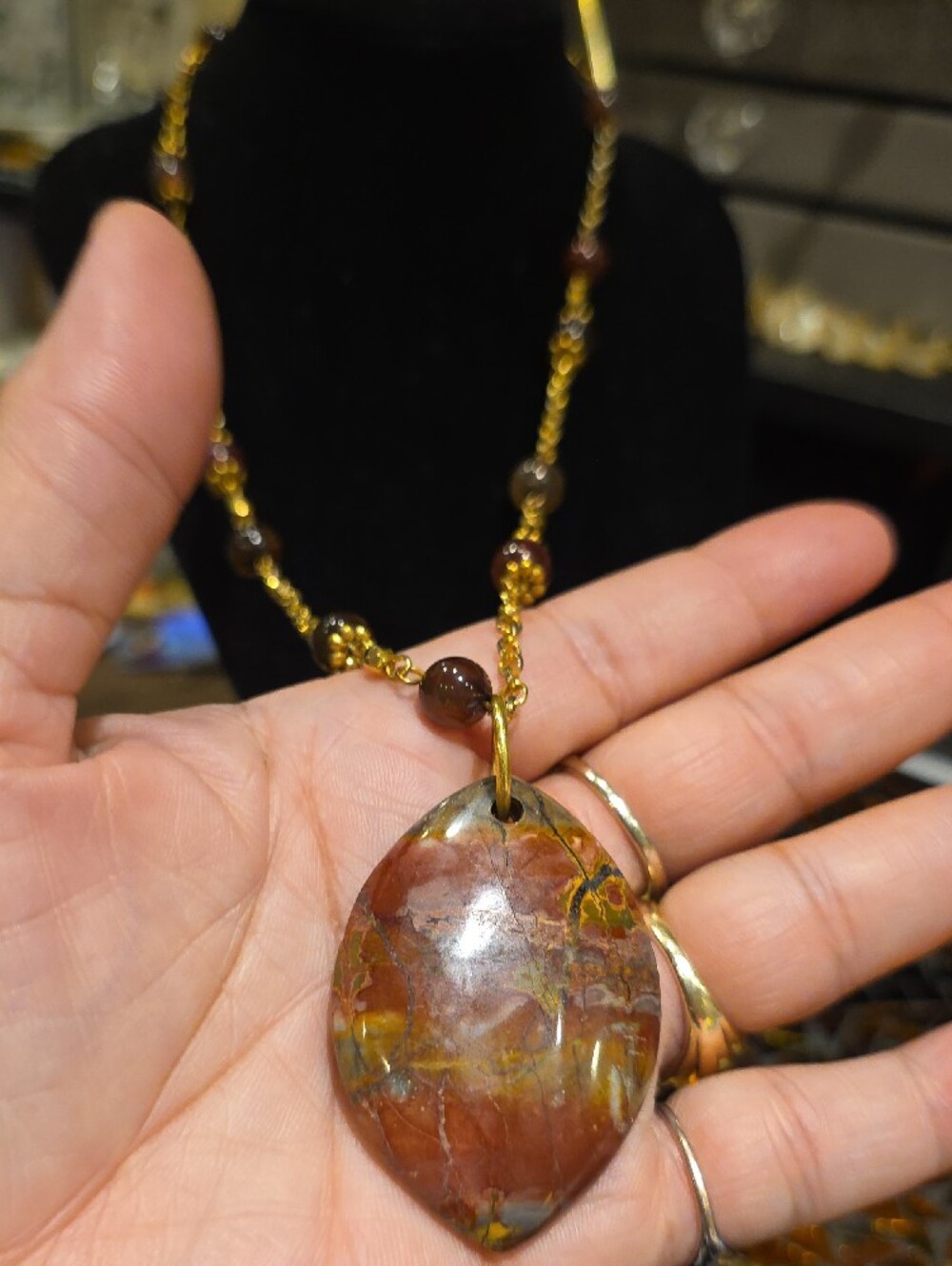 Gold-Tone Necklace with Red and Orange Jasper Pendant - Picture 3 of 9